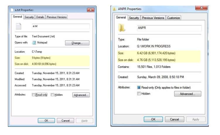 Size and Size on Disk