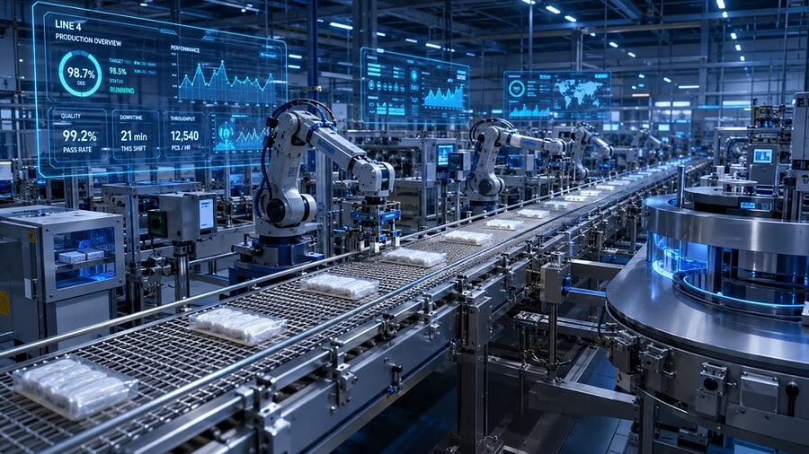 Smart manufacturing facility featuring stainless steel metal conveyor belt systems, industrial robots and digital production technology supporting Industry 4.0 and advanced material handling solutions.