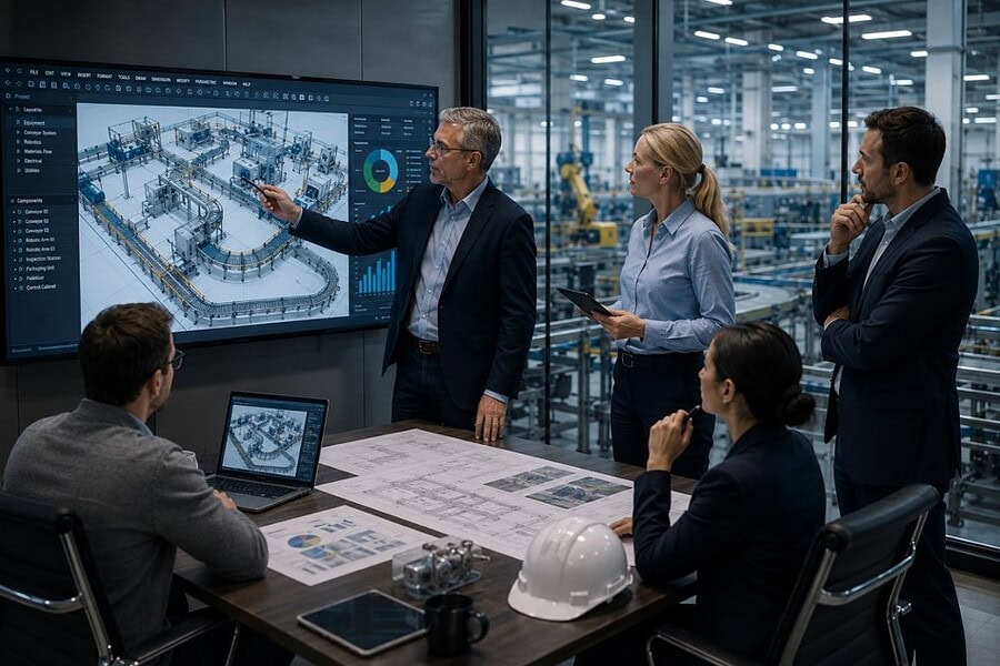Manufacturing engineers and business leaders reviewing conveyor system designs and material handling solutions to improve conveyor system efficiency and operational performance.