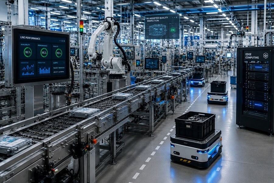 Future smart manufacturing facility where AI-enabled robotics, autonomous systems and metal conveyor belt systems support Industry 4.0 and digital manufacturing innovation.