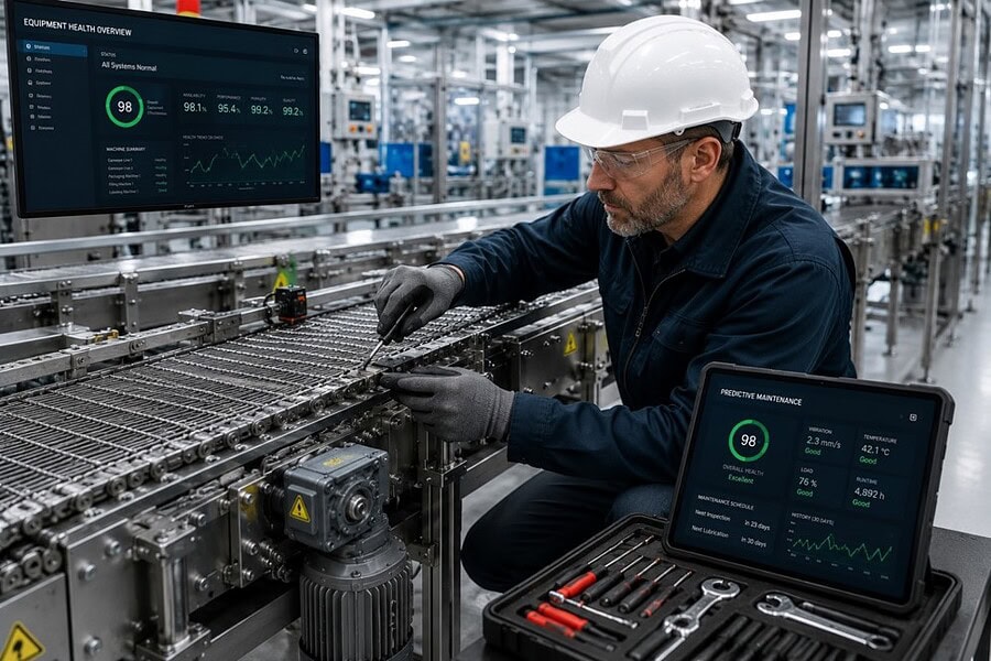Engineer inspecting a stainless steel wire mesh conveyor belt using predictive maintenance tools inside a modern food processing manufacturing facility.