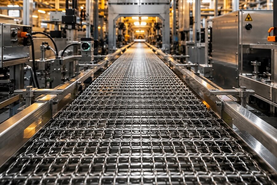 Highly automated manufacturing facility with advanced metal conveyor belt systems, robotics and operational technology demonstrating smart manufacturing and industrial automation excellence.