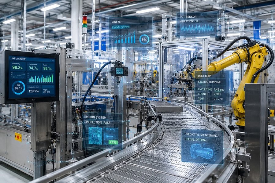 Connected factory with stainless steel metal conveyor belt systems integrated with robotics, machine vision, IIoT sensors and operational technology supporting digital manufacturing.
