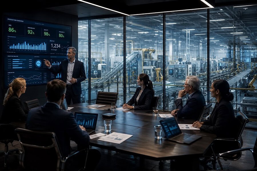 Manufacturing executives reviewing smart factory operations and digital production dashboards overlooking automated metal conveyor belt systems and connected manufacturing technology.